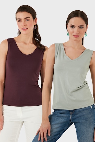 Lela Slim Fit V Yaka Kalın Askılı 2' Li Paket Bayan Bluz 5864384S2 Çağla-Vişne