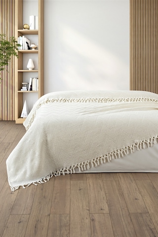 %100 Pamuk Çift Kişilik Bağlama Saçaklı Pike-220x240 Cm-krem Krem Krem