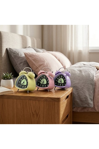 Twin Bell Alarm Clock Bgc-12 Üçgen Masa Çalar Saat Pilli Işıklı Fosforlu Metal Kasa Renkli Diğer