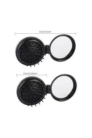 Samdoo Siyah Plastik Çift Taraflı Katlanabilir Makyaj Aynası Ve Saç Fırçası - Taşınabilir 75x65mm