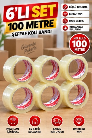 Vege 6 Lı Şeffaf Koli Bandı Seti 100 Metre Toplam 600 Metre Güçlü Yapışkanlı Paketleme Ve Kargo Ba Diğer