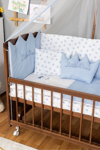 Ahşap Beşik Anne Yanı Beşik Ceviz 60x120 Mavi Prens Erkek Uyku Seti Yatak Tekerlekli Ceviz