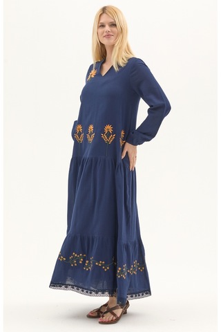 Şile Bezi Lacivert Uzun Kol Nakışlı Uzun Yazlık Elbise