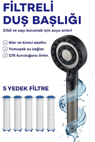 Yüksek Basınçlı Arıtmalı Masajlı 5 Fonksiyonlu Duş Başlığı 5 Adet Yedek Filtre Kireç Önleyici Tazyikli Su Tasarruflu Masajlı Banyo Başlık Seti Krom - Mat Siyah
