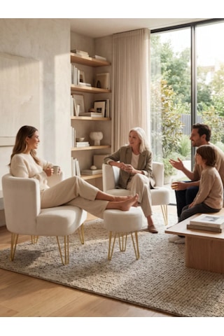Elegance 2'li Çay Seti Berjer Ve Puf Takımı Açık Krem