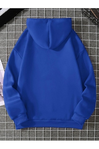 Yarım Kalp Sweatshirt - Saks Mavi Baskılı Oversize Kapüşonlu Sax Mavi