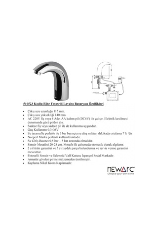Newarc 510523 Elite Fotoselli Lavabo Bataryası Pilli-Elektrikli