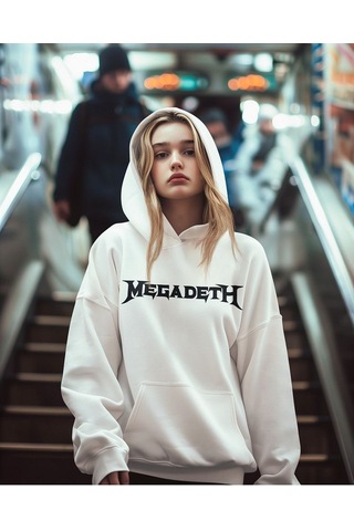 Sevbano Megadeth Müzik Grubu Baskılı Unisex Oversize Rock Metal Hoodie Beyaz