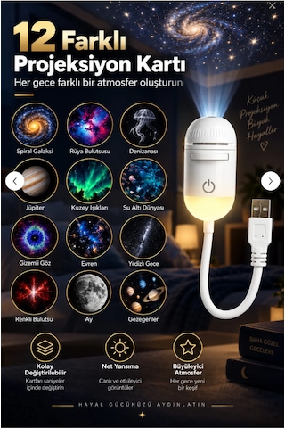 12 Projeksiyon Kartlı 2 Si 1 Arada Usb Gece Lambası Ve Yıldız Projektörü, Esnek Gövdeli Tavan Duvar Projeksiyon