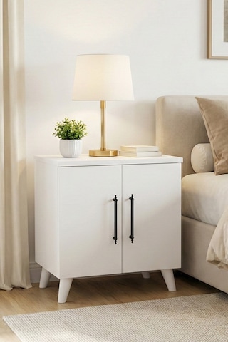 Reyo Enda Home Lumen 2 Kapaklı Raflı Klasik Komodin Beyaz Beyaz
