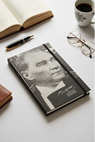 2026 Atatürk Ajanda Premium Sert Kapak Özel Baskı 17x24 Cm Lastikli Ajanda Atatürk Kapaklı Beyaz Ofs907ata