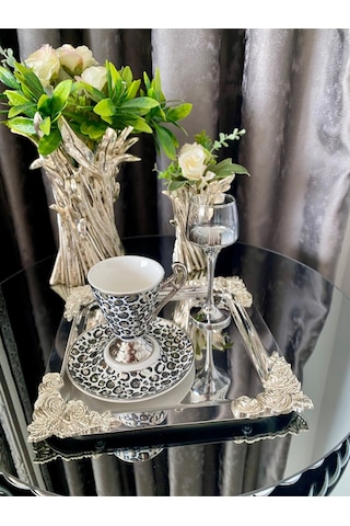 Atabey Home Collection 6'lı Kahve & Çay & Sunum Tepsisi Metal Döküm Kare Gümüş Gül Model