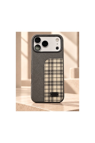 Royal Check İphone 17 Pro Max Ve 18 Pro Max Uyumlu Premium Deri Dokulu Ekose Desenli Lüks Telefon Kılıfı Metal Plaka Detaylı Titanium Grey - 936023552 Titanium Grey