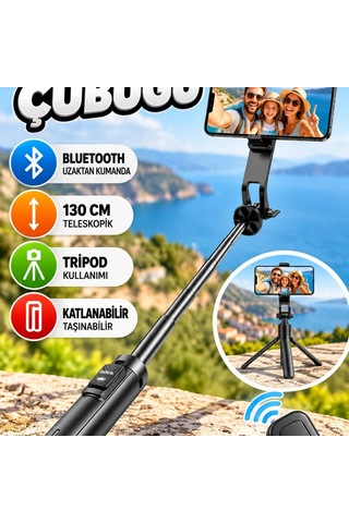 Bluetooth Selfie Çubuğu 130 Cm Teleskopik Uzaktan Kumandalı Katlanabilir Telefon Tripodu