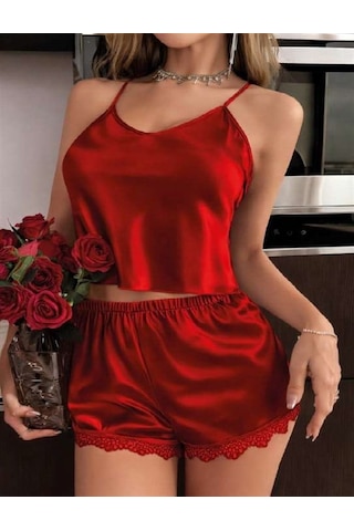 E-bulurum Kadın Closet Kırmızı İnce Askılı Dantel İşlemeli Saten Şortlu Takım