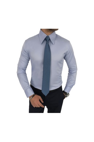 Italyan Stil Slim Fit Sivri Yaka Saten Erkek Gömlek Mavi T7215