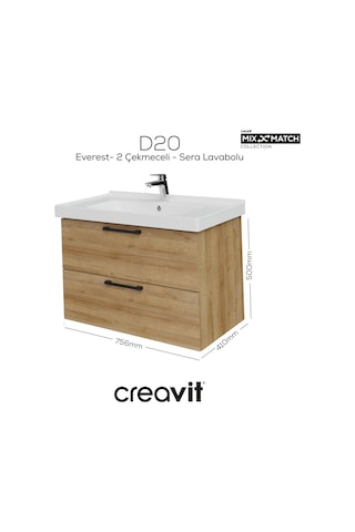 Creavit D20 80 Cm İki Çekmeceli Lavabo Dolabı Everest Melamin Kapak Ahşap