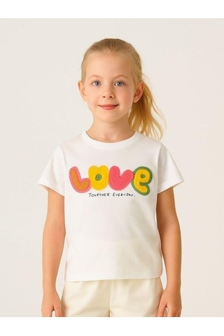 Cicihlid Kız Çocuk Pamuklu Punch İşlemeli Love T-shirt-15890 Ekru