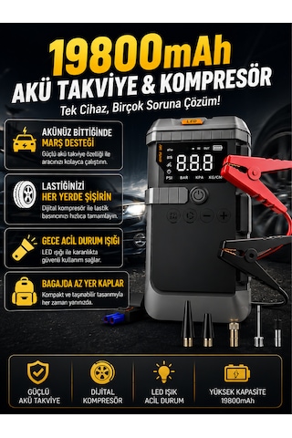 19800 Mah Akü Takviye Ve Dijital Hava Kompresörü 4 Ü 1 Arada Araç Acil Yardım Cihazı