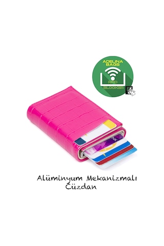 Adelina Timsah Desenli Fuşya Mekanizmalı Otomatik Kızaklı Kartlık Pembe