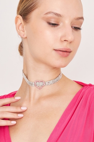 Kadın 4 Sıra Ortası Pembe Kalp Model Zirkon Taşlı Gümüş Choker Ko Gümüş