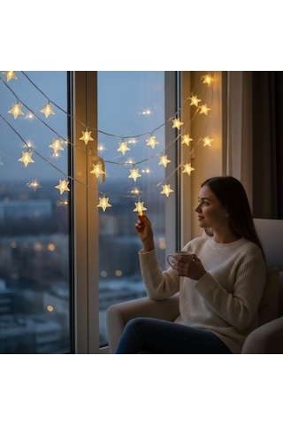 10 Metre 60 Ledli Yıldız Işık Zinciri Dekoratif Fişli Sıcak Sarı Led Aydınlatma Ev Oda Balkon Duvar Pencere Yılbaşı Parti Ve Doğum Günü Süslemeleri