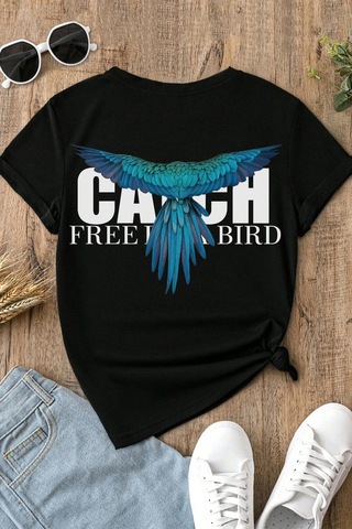 Spoyi Free Bird Tasarımlı %100 Pamuk Yarım Oversize Siyah T-lhirt