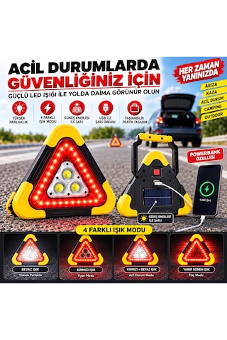 Hb-7709 2.000mah Çok Fonksiyonlu Cob Çalışma Lambası Usb Şarjlı Acil Durum Feneri Reflektör Güneş Enerjili Solar 180 Derece Dönebilen Tutma Kolu Powerbank Olarak Kullabilir Üçgen Park Lambası