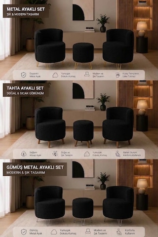 Peluş Puf Metal Gümüş Ayak - Dekoratif Puf Koltuk - Yuvarlak Makyaj Sandalyesi Siyah