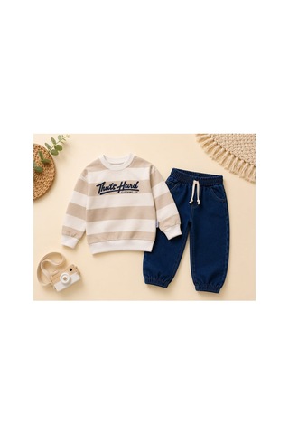 Minaminokids Erkek Çocuk Çizgili Sweatshirt Ve Kot Pantolon İkili Takım Krem