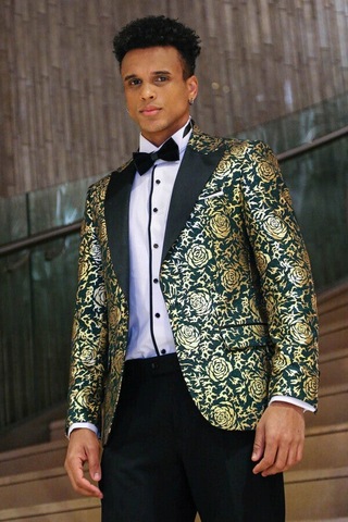 Wessi Gold Gül Desenli Slim Fit Yeşil Erkek Smokin Ceket Yeşil