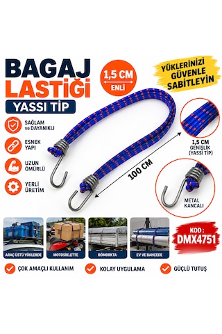 Bagaj Lastiği Yassı Tip 1.5 Cm Enli Yassı Tipli Metal Kancalı 100 Cm Yerli Üretim Kod :dmx4751