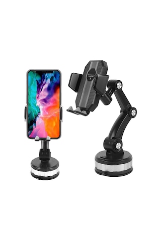 Mekanizmalı Dönebilen Uzayabilen Kollu Vantuzlu Akrobat Araç İçi Telefon Tutucu Siyah