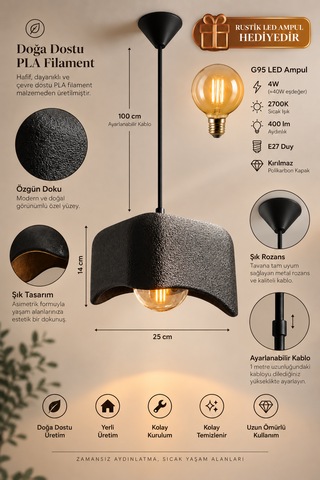 Beton Görünümlü Tekli Kare Sarkıt Avize Modern Bohem Salon Mutfak G95 Rustik Led Ampul Hediyeli Siyah