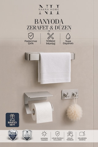 3'lü Set Paslanmaz Çelik Yapışkanlı Havlu Askısı , Tuvalet Kağıtlığı Ve 2'li Askılık Havluluk Krom