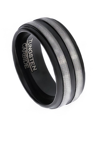 Erkek Gümüş İkili Çizgi Model Siyah Renk Tungsten Yüzük Siyah - Gümüş