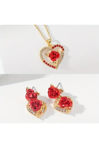 Elegance 3 Parça Altın Kalp & Gül Kolye Ve Küpe Seti Altın Kaplam Altın - Kırmızı