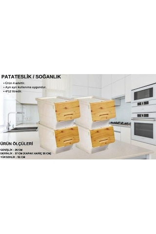 Motek Patateslik Soğanlık Sepeti Oyuncak Kutusu Tekerlekli Organızer Çok Amaçlı Kutu 4x12lt-bambu+krem