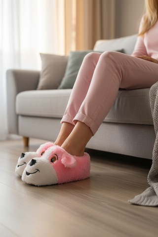 Pembe Köpek Desenli Unisex Panduf 26k001 Pembe