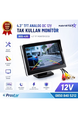 4.3 İnç Tft Analog Araç Monitörü Tak Kullan Rca, Dc 12v Geri Görüş Ekranı