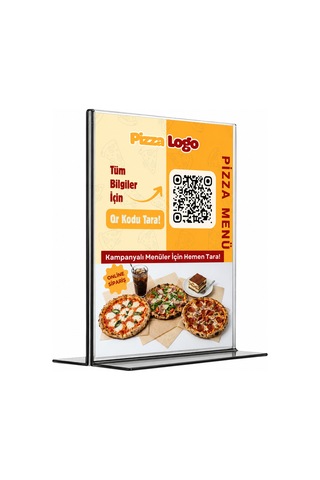 Pizza Qr Menü Standı T Tipi A6 10 15 Cm + Qr Menü Yazılımı Beyaz Beyaz