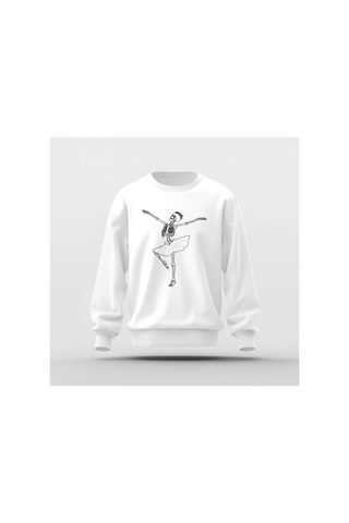 Ada Kostüm Tasarım İskelet Balerin Baskılı Basic Sweatshirt beyaz