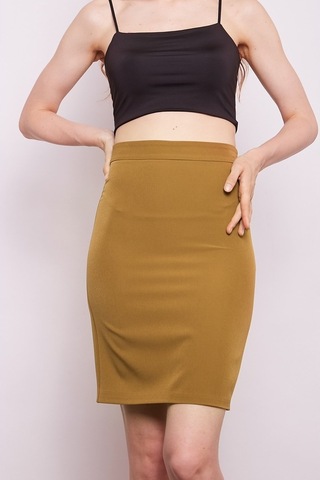 Yüksek Bel Diz Üstü Likralı Pamuklu Şık Kumaş Kalem Etek-Koyu Har