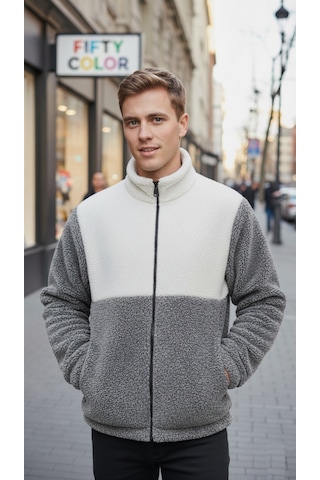 Premium Kalite Renk Bloklu, Fermuarlı, Dik Yaka, Sherpa, Polar, Peluş Ceket Gri - Beyaz