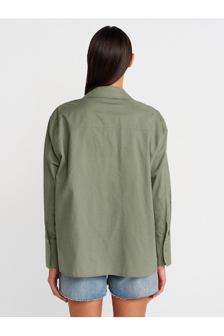 Dilvin 50497 Uzun Kollu Oversize Keten Gömlek-yeşil Yeşil