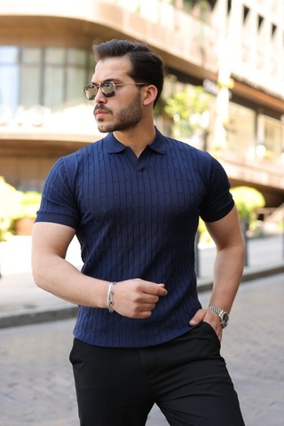 Veraura Lifestyle Erkek Örgü Desen Yakalı Kısa Kollu Triko Tişört Lacivert