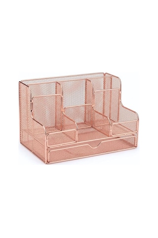 Temel Rose Gold Metal Mesh Masaüstü Organizer Çekmeceli Çok Bölmeli 25x17x16 Cm 9527r