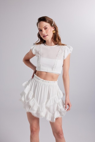 Holly Lolly Brode Detaylı Crop Pixie Bluz Beyaz