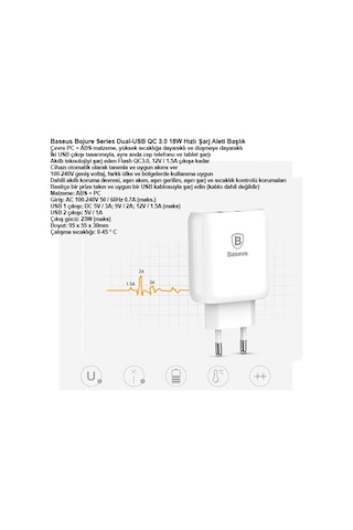 Baseus Bojure Series Dual-Usb Qc 3.0 18W Hızlı Şarj Aleti Başlık (123857026)-Beyaz