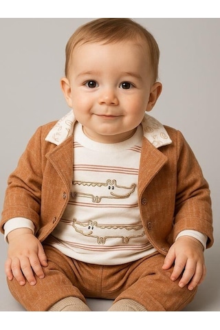 Erkek Bebek Pamuklu Timsah Desenli Body Ceket Pantolon 3'lü Takım-16289 Kahverengi